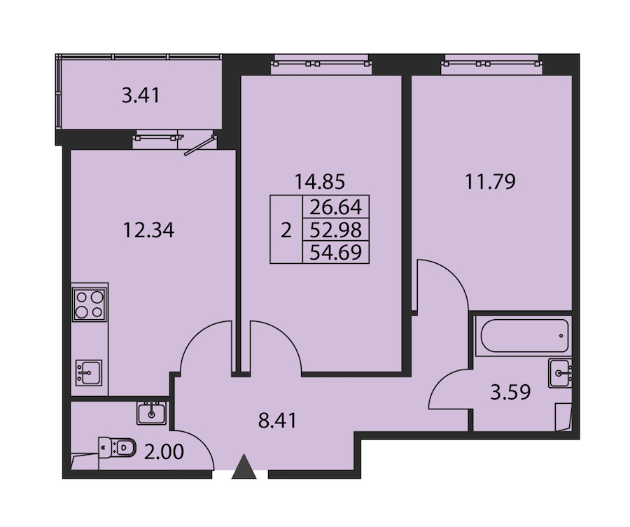 2-комнатная квартира 52.98 м², 2/12 эт., ЖК «Полис ЛАВрики»